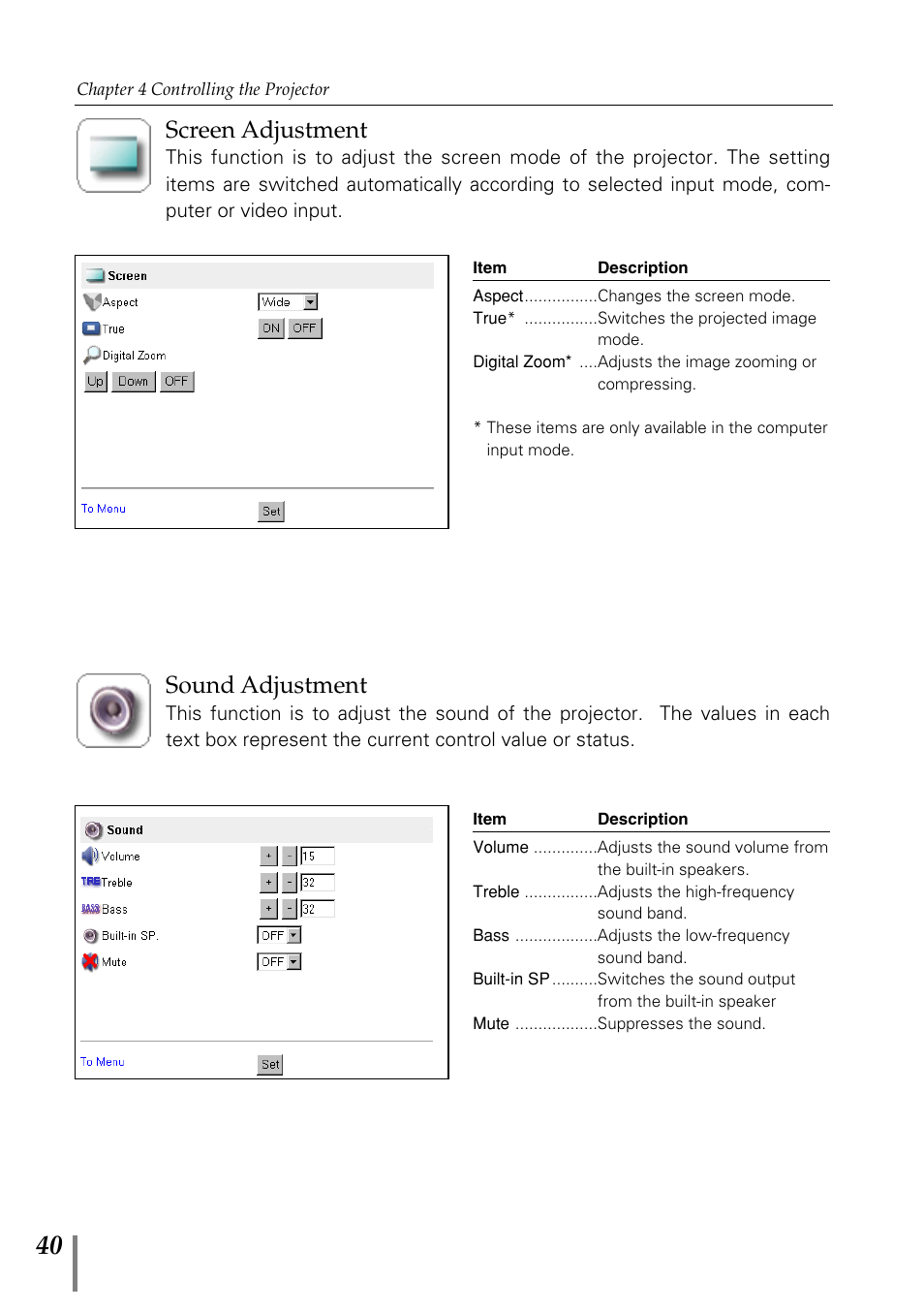 Screen adjustment, Sound adjustment | Sanyo POA-MD13NET2 User Manual | Page 128 / 176