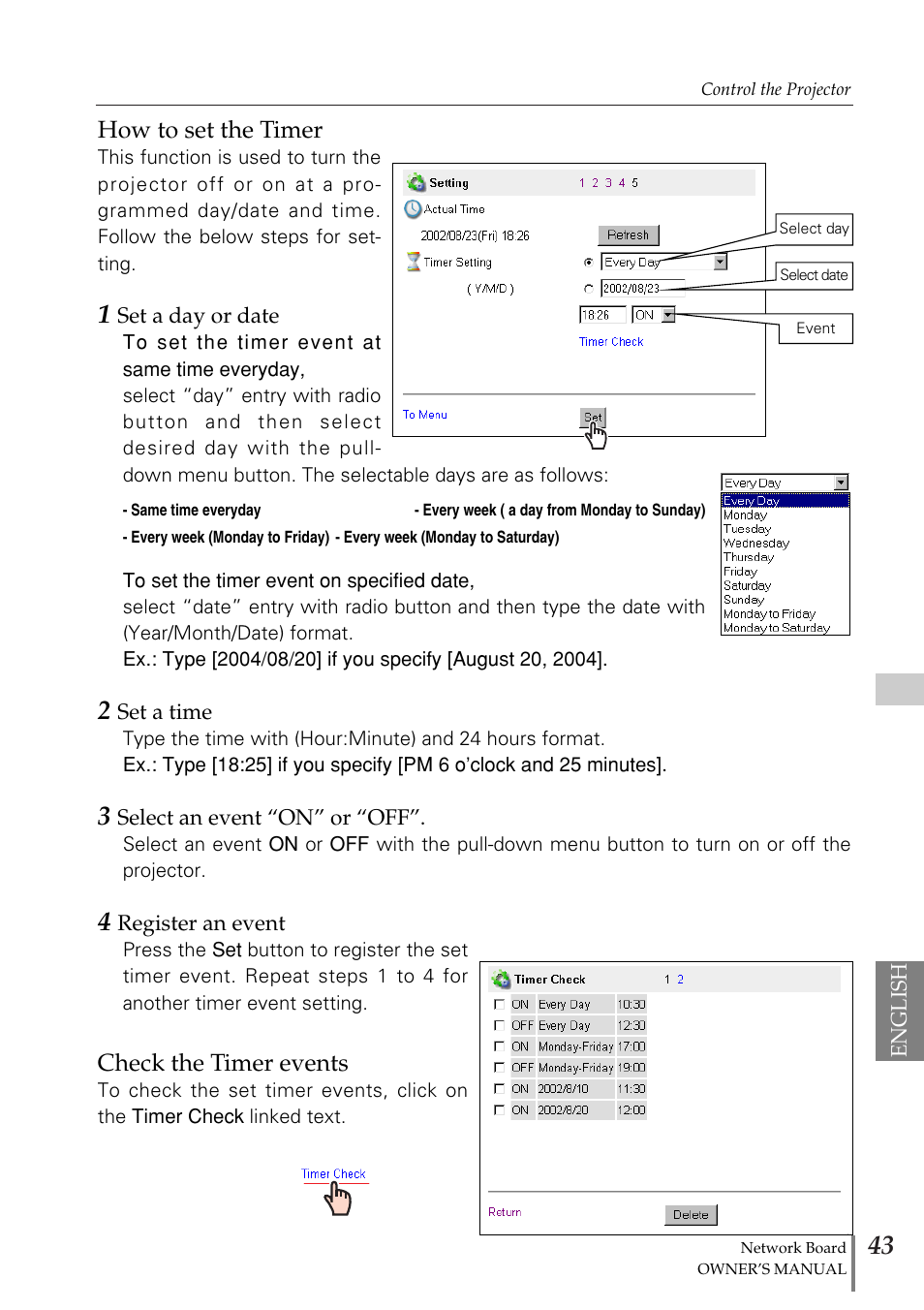 How to set the timer, Check the timer events | Sanyo POA-MD13NET2 User Manual | Page 131 / 176