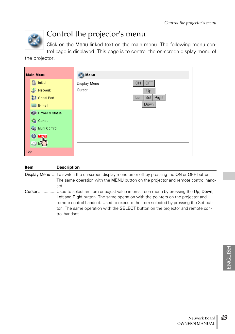 Control the projector's menu | Sanyo POA-MD13NET2 User Manual | Page 137 / 176