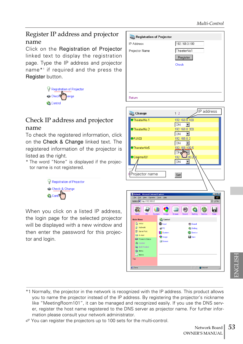 Register ip address and proj, Check ip address and project, Register ip address and projector name | Check ip address and projector name | Sanyo POA-MD13NET2 User Manual | Page 141 / 176