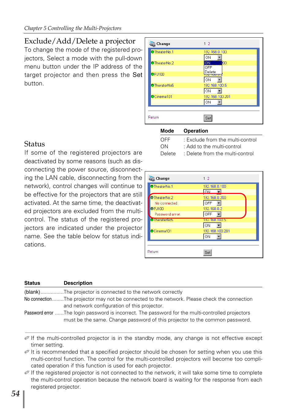 Exclude/add/delete a projector, Status | Sanyo POA-MD13NET2 User Manual | Page 142 / 176