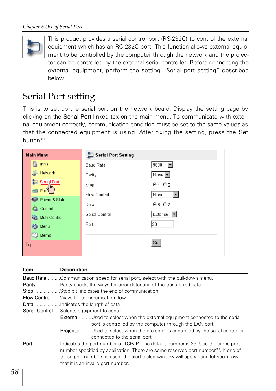 Serial port setting | Sanyo POA-MD13NET2 User Manual | Page 146 / 176