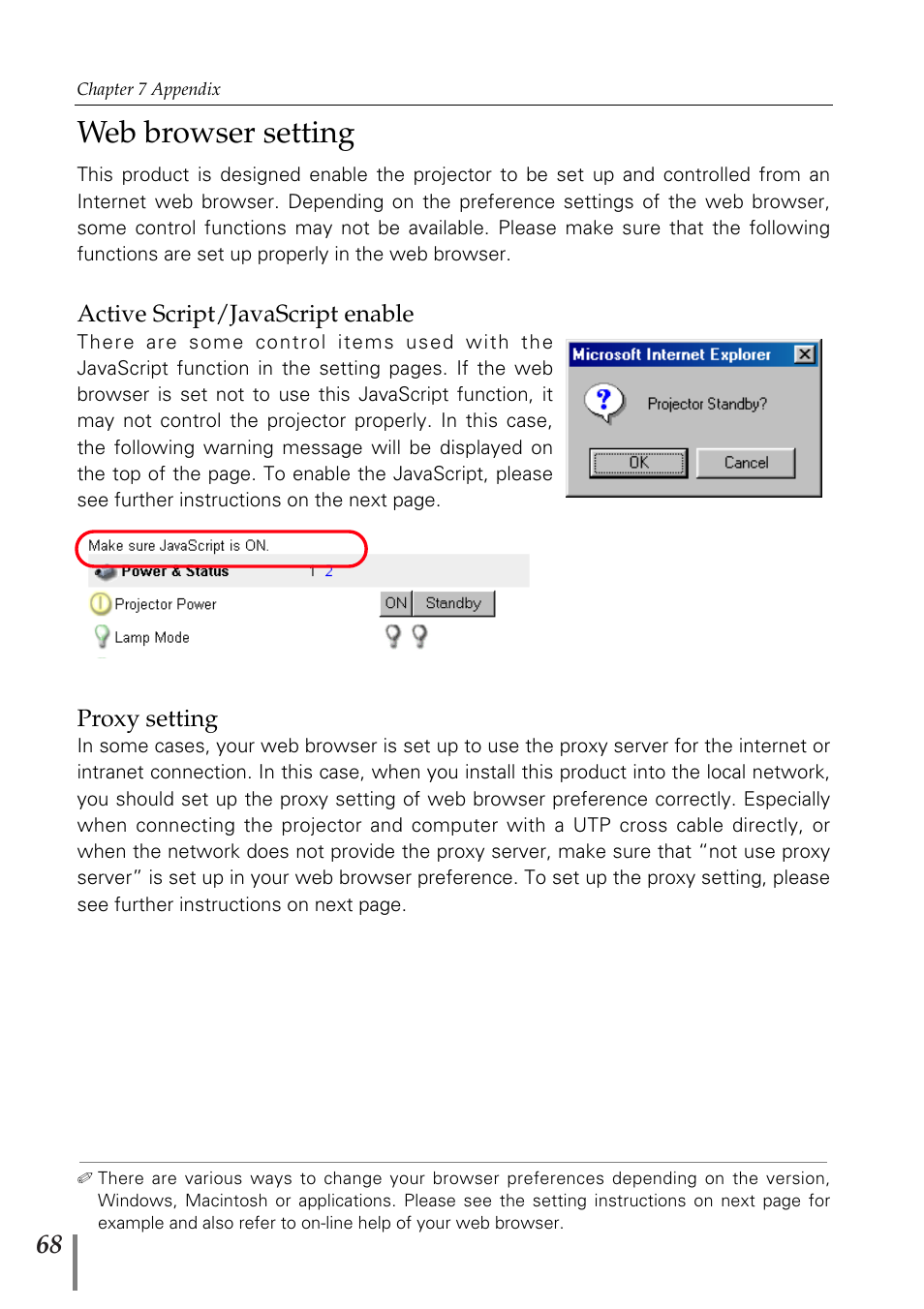 Web browser setting, Active script/javascript ena, Proxy setting | Active script/javascript enable | Sanyo POA-MD13NET2 User Manual | Page 156 / 176