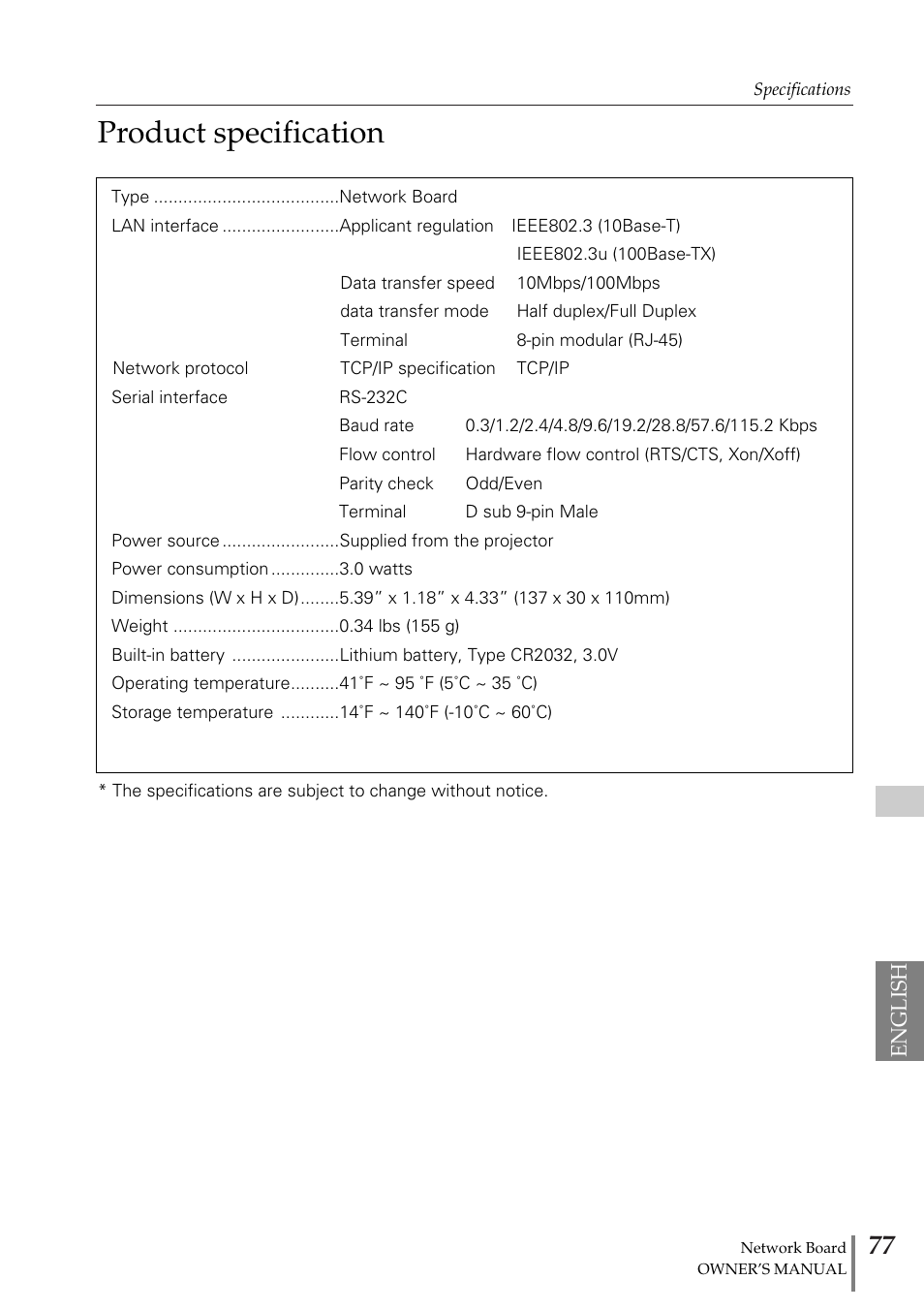 Product specification, English | Sanyo POA-MD13NET2 User Manual | Page 165 / 176