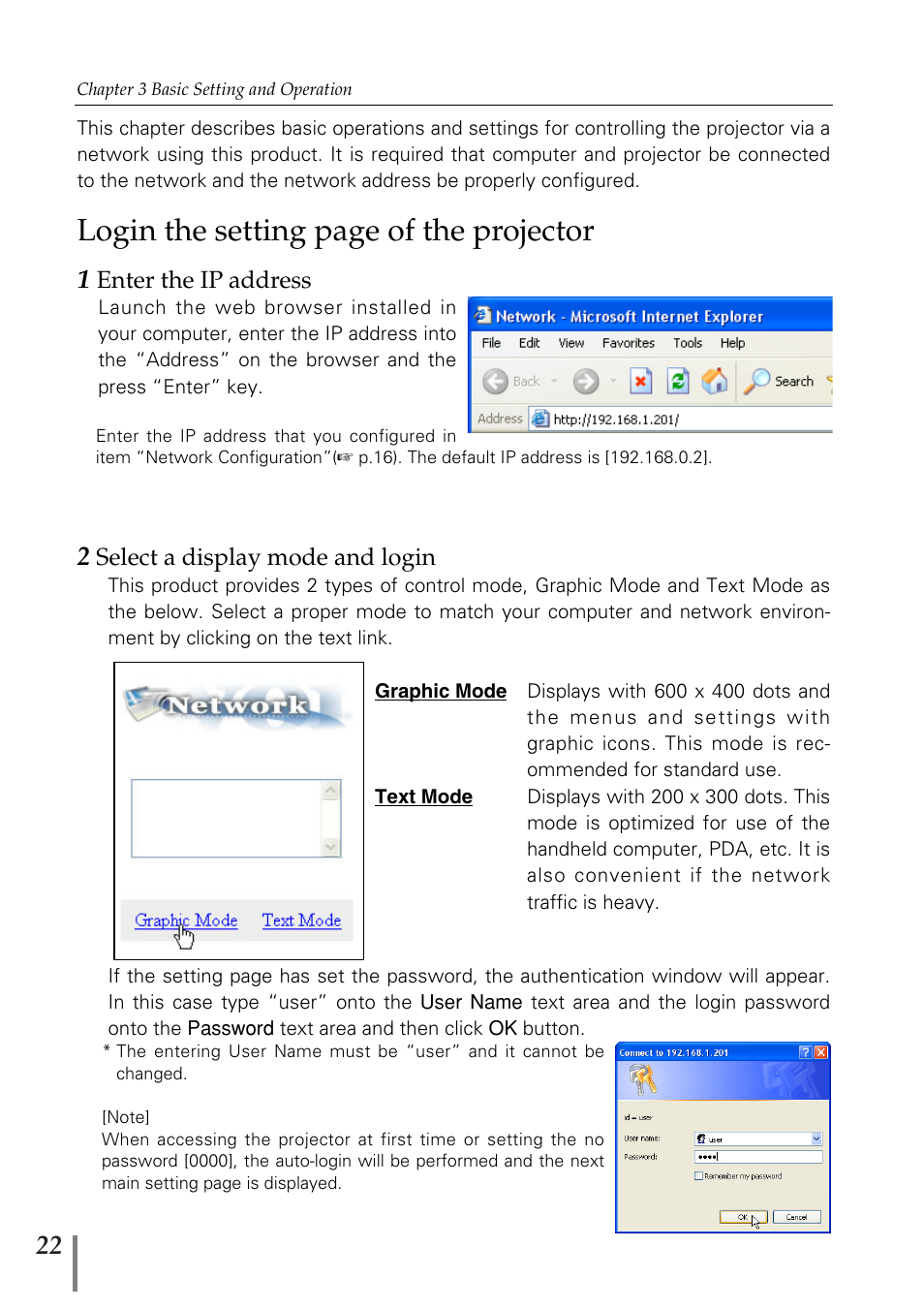 1 enter the ip address, 2 select a display mode and, 2 select a display mode and login | Login the setting page of the projector | Sanyo POA-MD13NET2 User Manual | Page 22 / 176