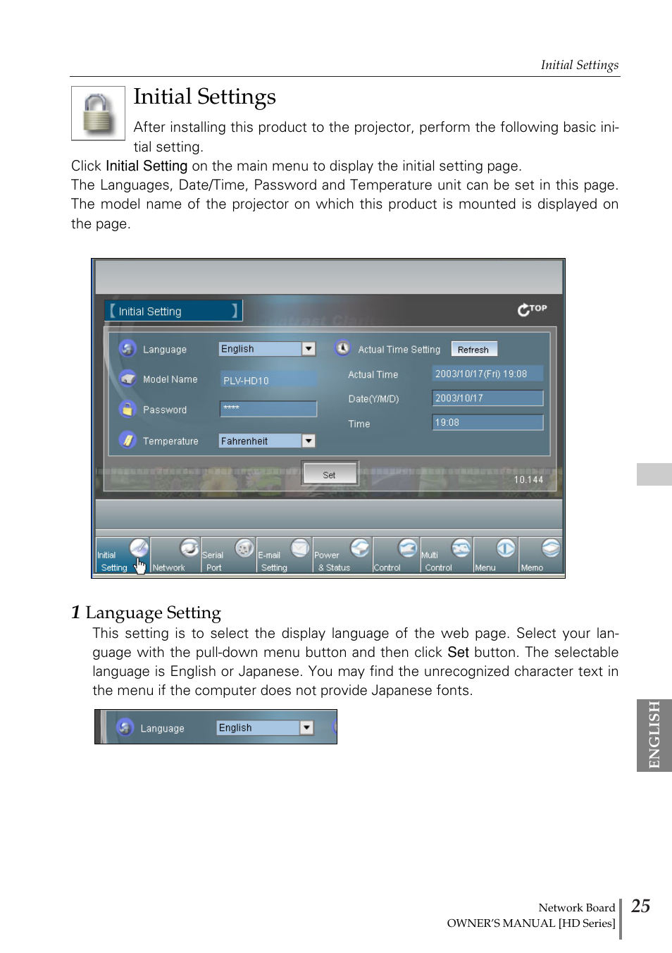 Initial settings, 1 language setting | Sanyo POA-MD13NET2 User Manual | Page 25 / 176
