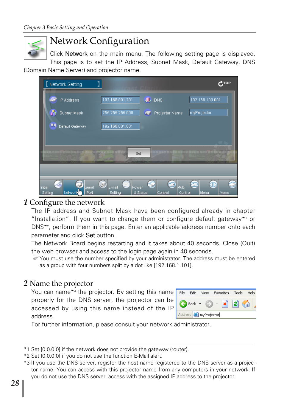 Network configuration, 1 configure the network, 2 name the projector | Configure the network, Name the projector | Sanyo POA-MD13NET2 User Manual | Page 28 / 176