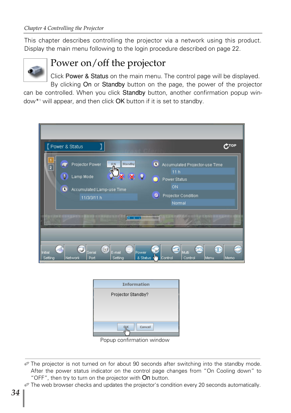 Power on/off the projector | Sanyo POA-MD13NET2 User Manual | Page 34 / 176