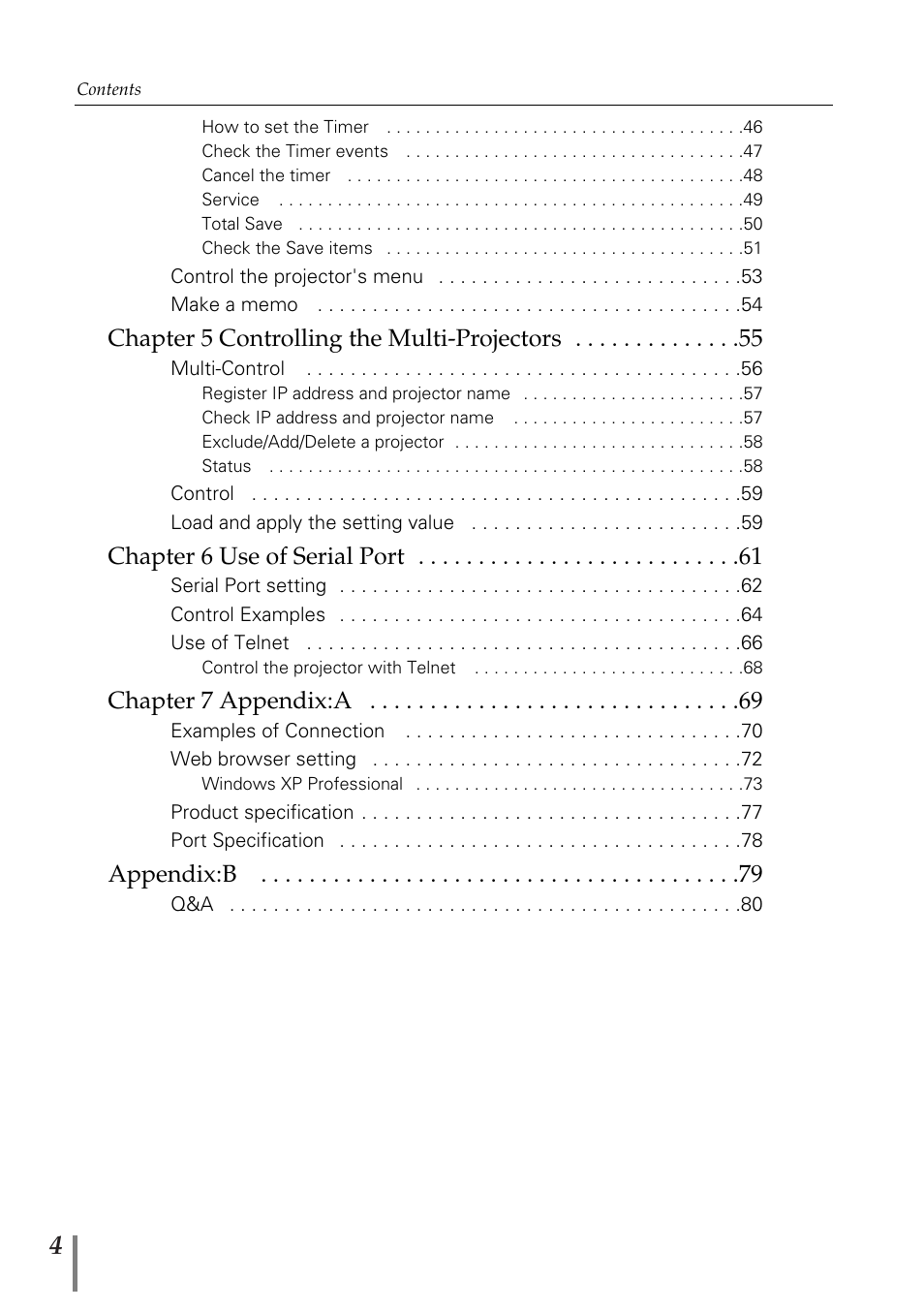 Chapter 5 controlling the multi-projectors, Chapter 6 use of serial port, Chapter 7 appendix:a | Appendix:b | Sanyo POA-MD13NET2 User Manual | Page 4 / 176