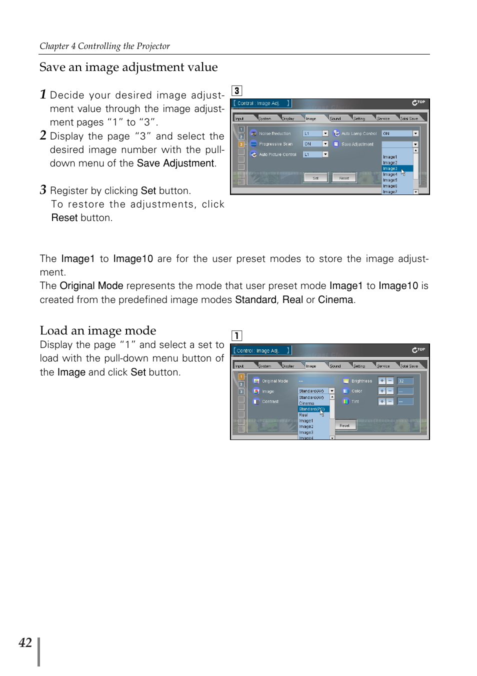 Save an image adjustment value, Load an image mode | Sanyo POA-MD13NET2 User Manual | Page 42 / 176