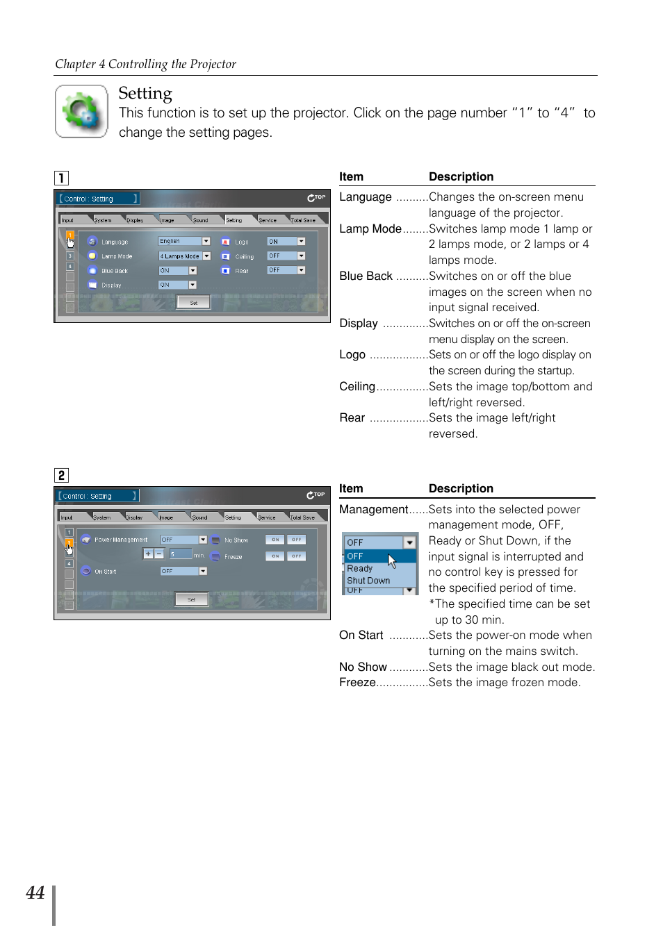 Setting | Sanyo POA-MD13NET2 User Manual | Page 44 / 176