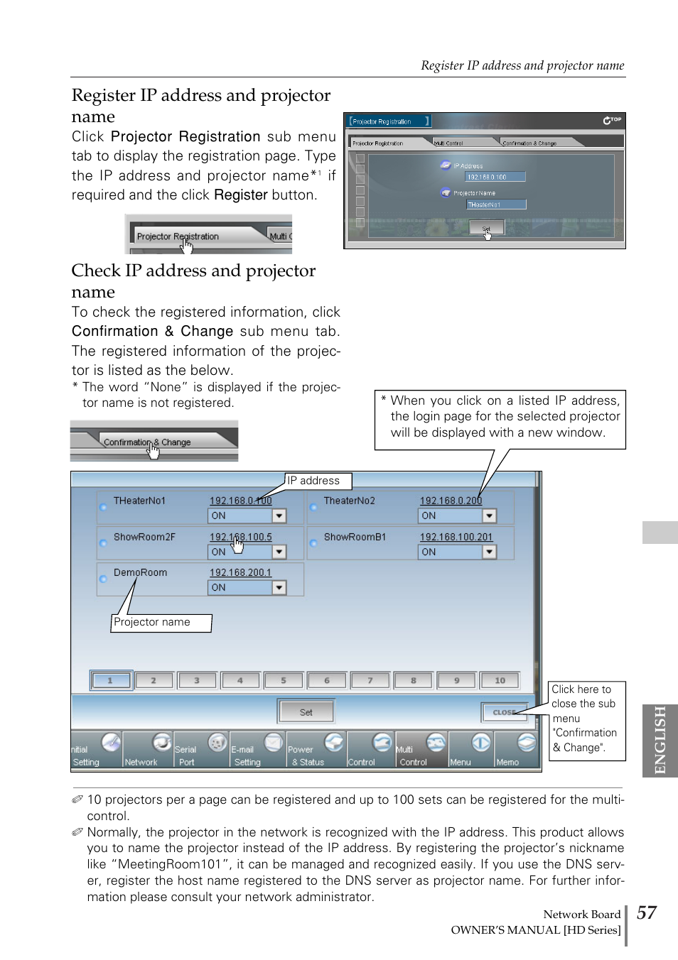Register ip address and proj, Check ip address and project, Register ip address and projector name | Check ip address and projector name | Sanyo POA-MD13NET2 User Manual | Page 57 / 176
