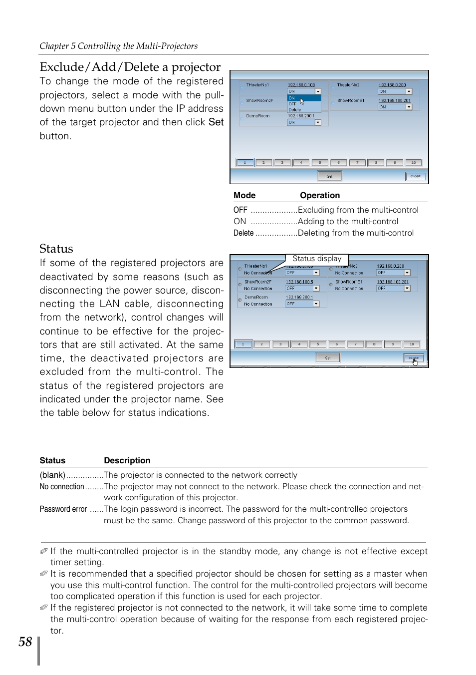 Exclude/add/delete a projector, Status | Sanyo POA-MD13NET2 User Manual | Page 58 / 176