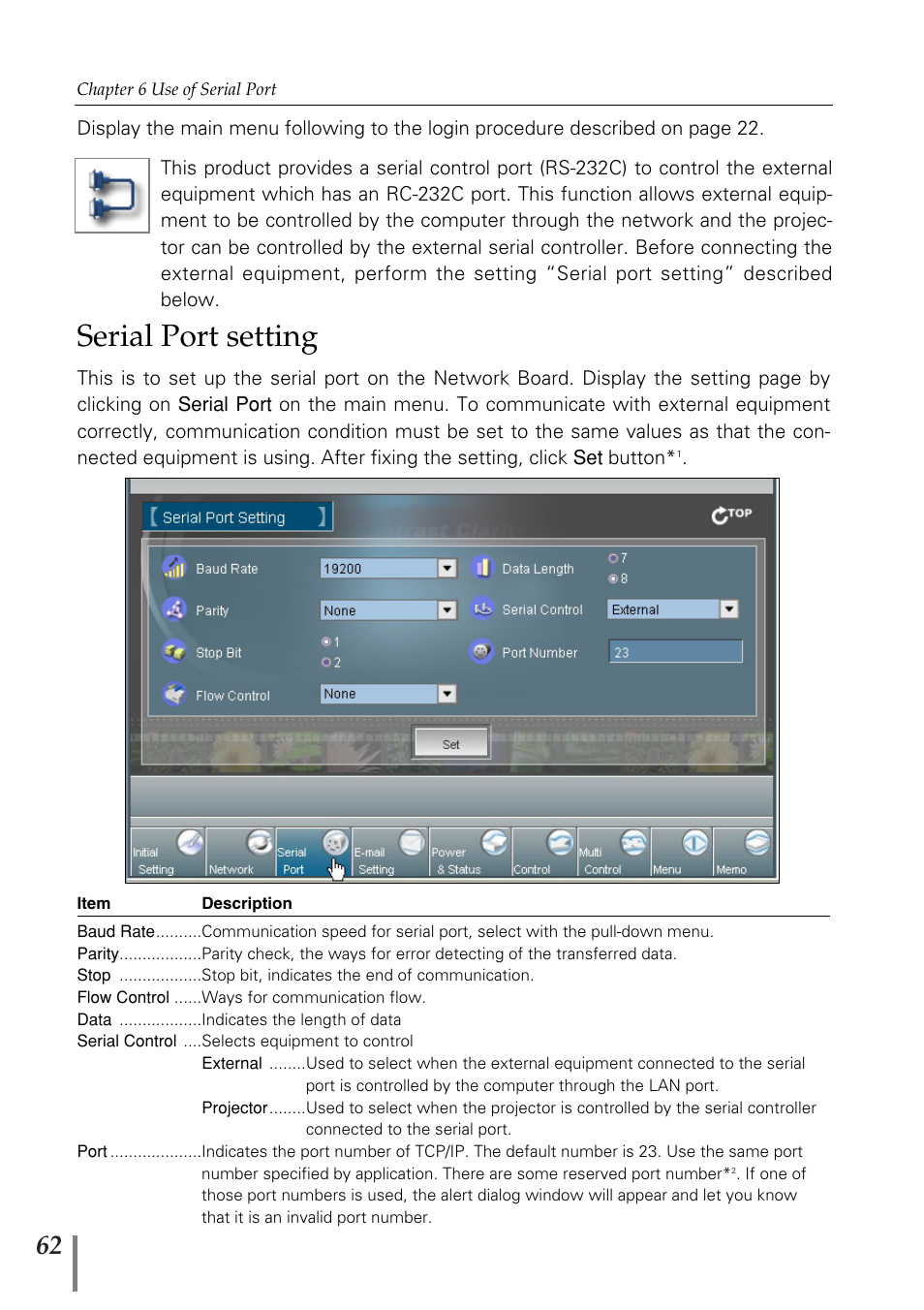 Serial port setting | Sanyo POA-MD13NET2 User Manual | Page 62 / 176