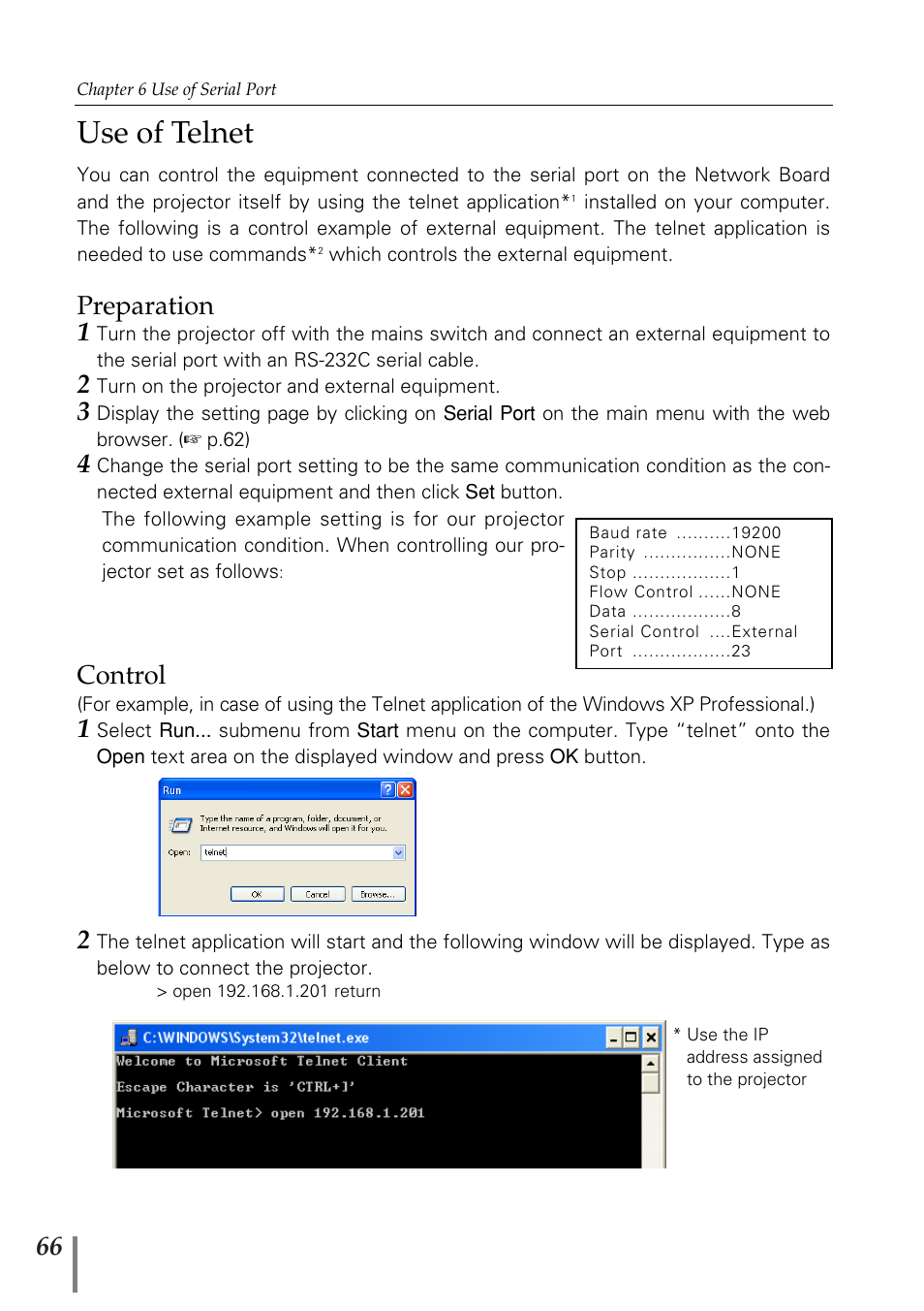 Use of telnet, Preparation 1, Control | Sanyo POA-MD13NET2 User Manual | Page 66 / 176