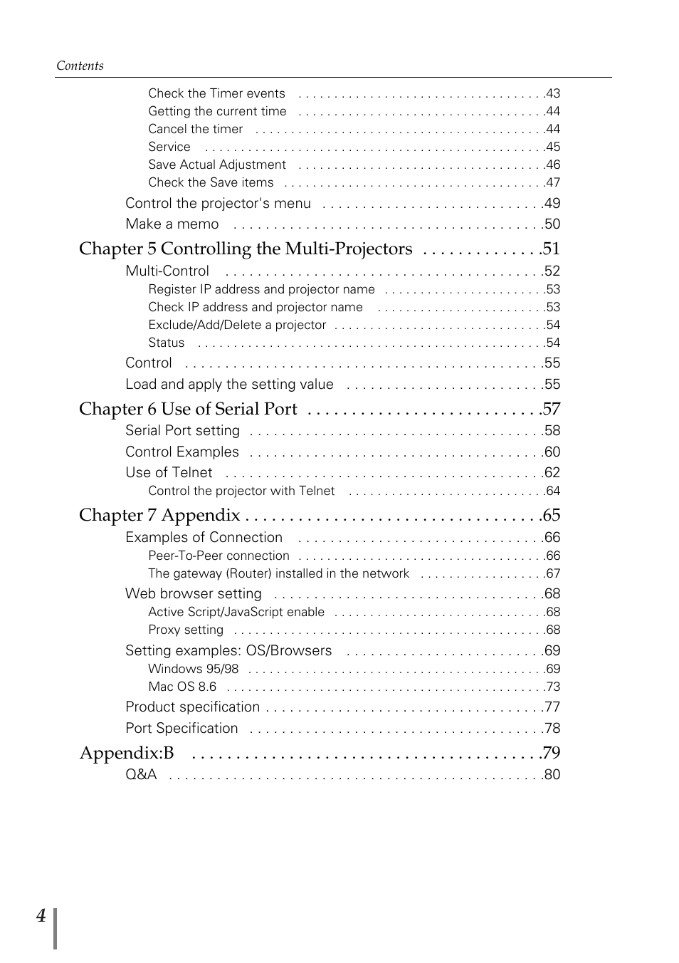 Chapter 5 controlling the multi-projectors, Chapter 6 use of serial port, Chapter 7 appendix | Appendix:b | Sanyo POA-MD13NET2 User Manual | Page 92 / 176
