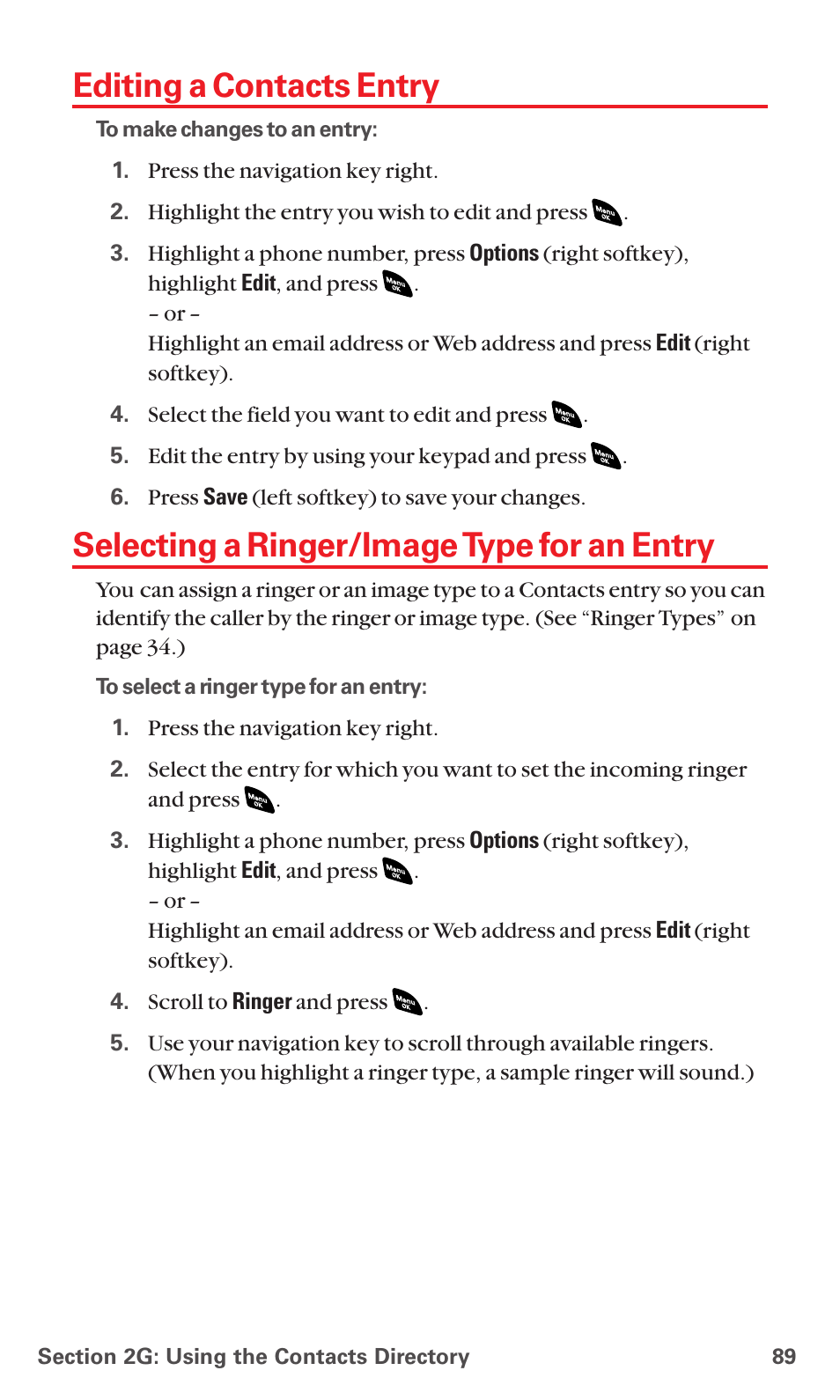 Editing a contacts entry, Selecting a ringer/image type for an entry | Sanyo PCS VISION RL-4920 User Manual | Page 101 / 258