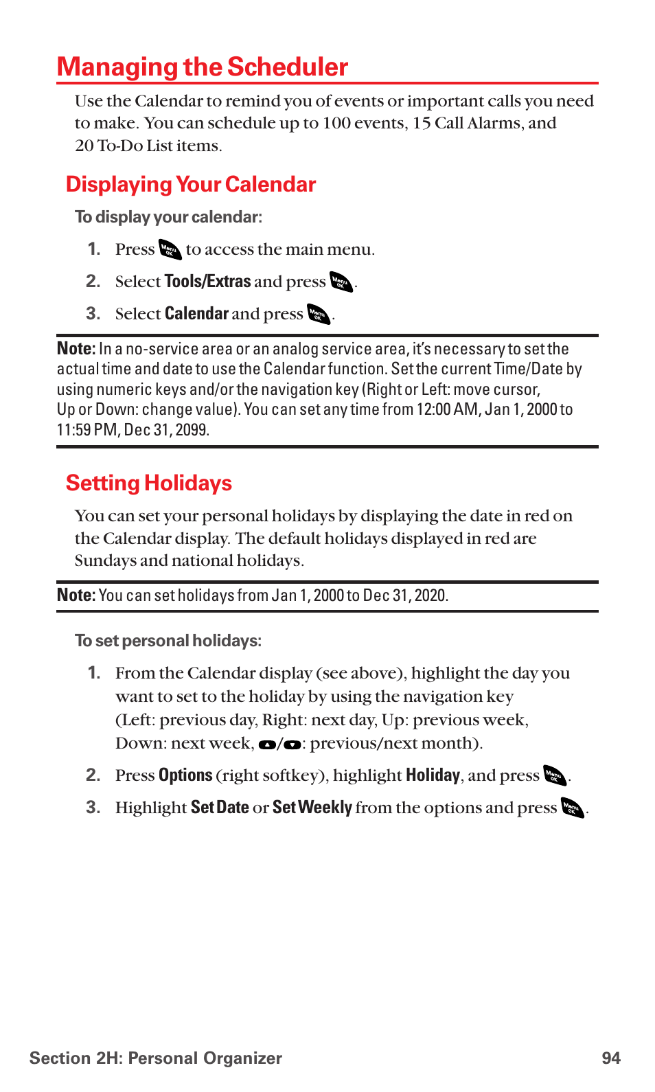 Managing the scheduler, Displaying your calendar, Setting holidays | Sanyo PCS VISION RL-4920 User Manual | Page 106 / 258