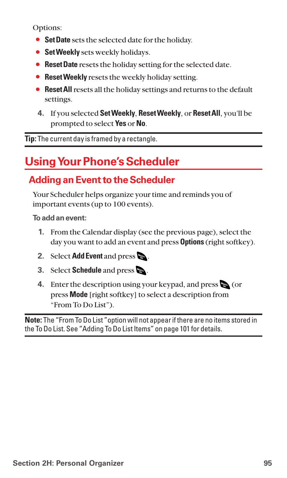 Using your phone’s scheduler, Adding an event to the scheduler | Sanyo PCS VISION RL-4920 User Manual | Page 107 / 258