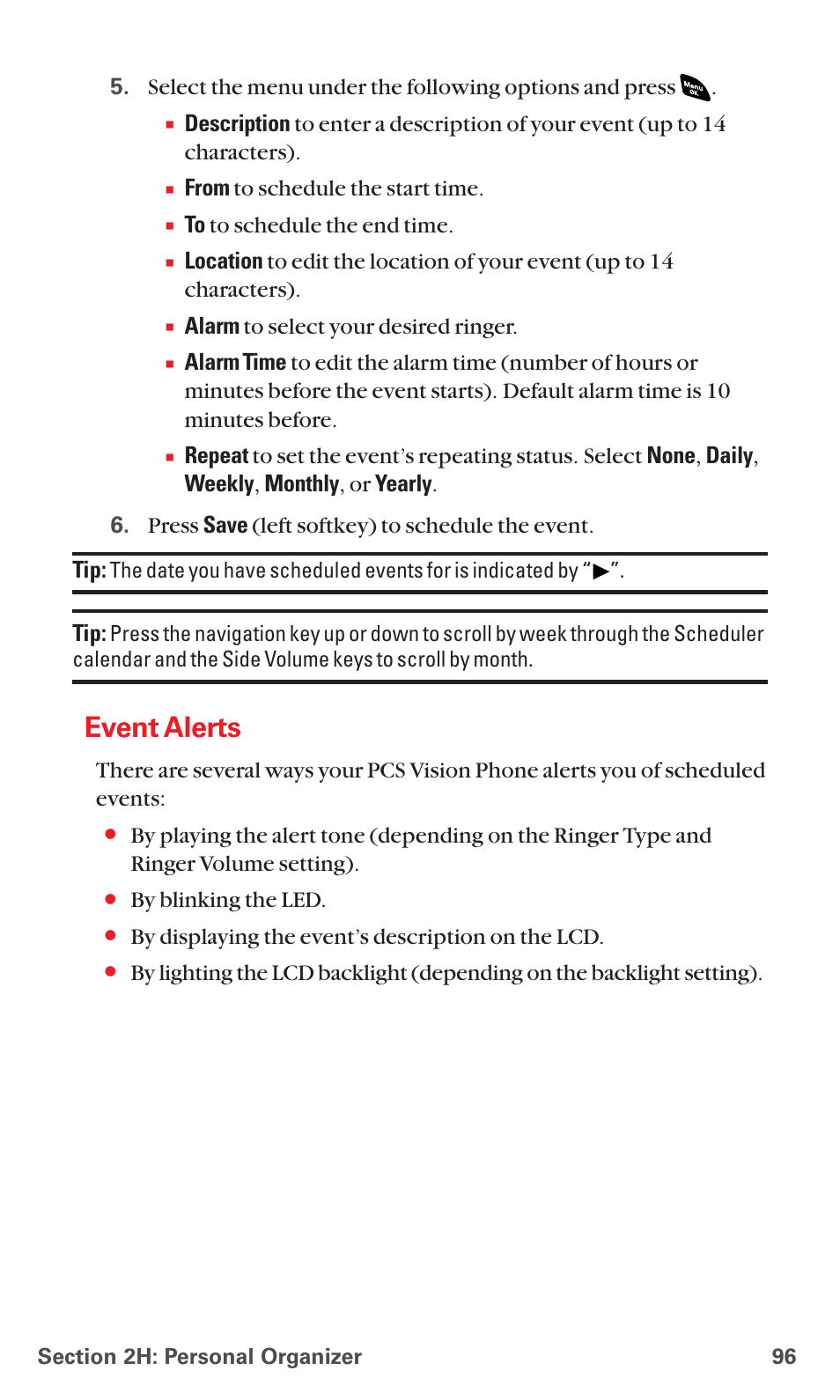 Event alerts | Sanyo PCS VISION RL-4920 User Manual | Page 108 / 258