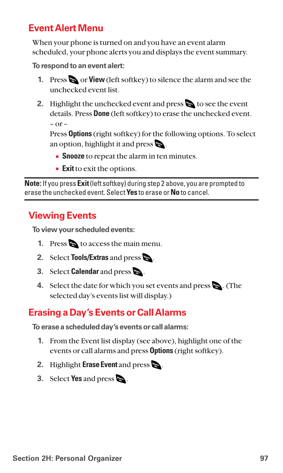 Event alert menu, Viewing events, Erasing a day’s events or call alarms | Sanyo PCS VISION RL-4920 User Manual | Page 109 / 258