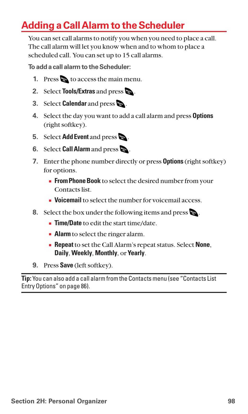 Adding a call alarm to the scheduler | Sanyo PCS VISION RL-4920 User Manual | Page 110 / 258