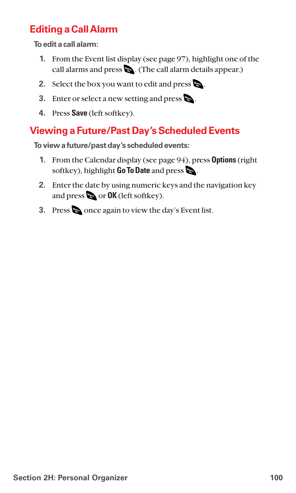 Editing a call alarm, Viewing a future/past day’s scheduled events | Sanyo PCS VISION RL-4920 User Manual | Page 112 / 258