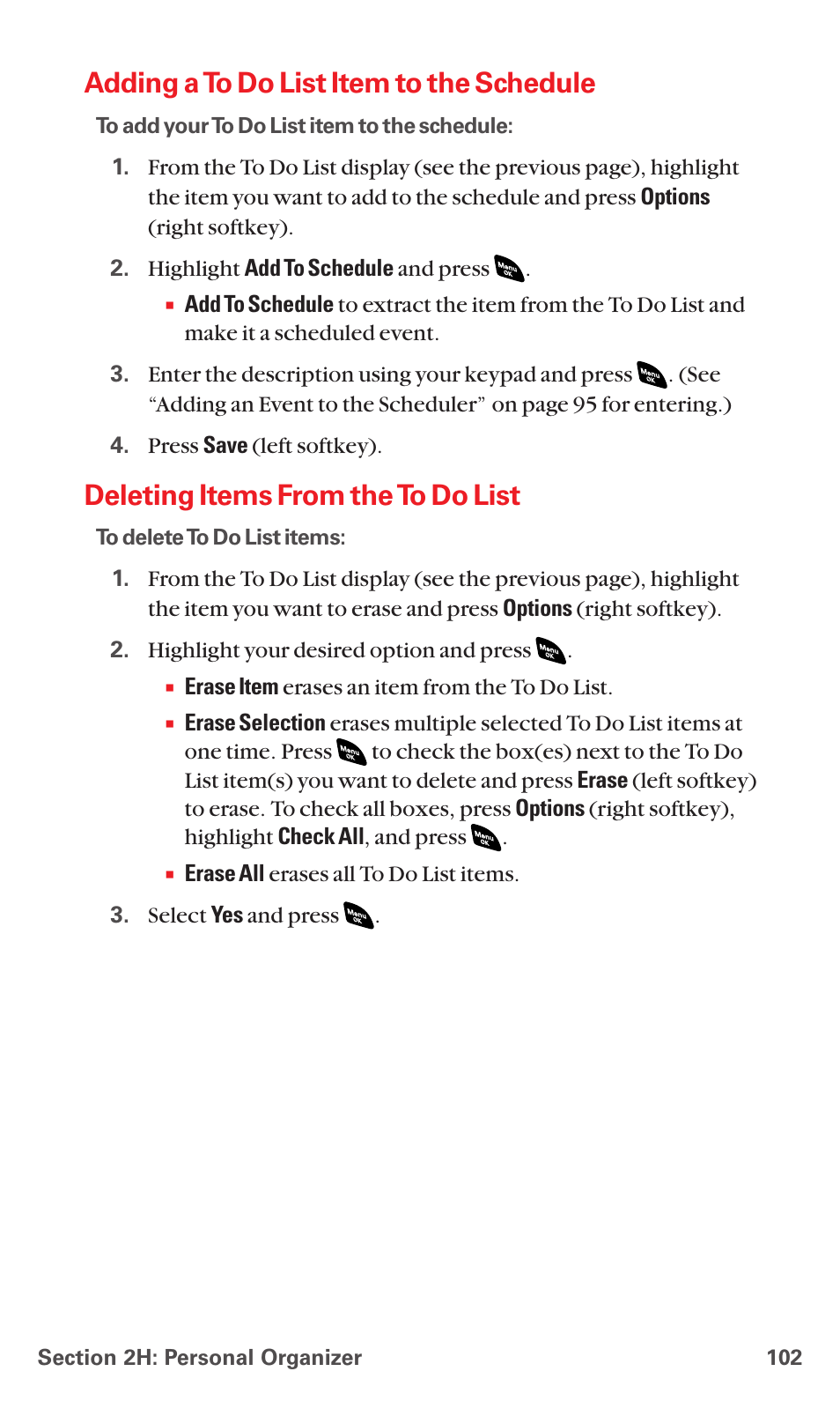 Adding a to do list item to the schedule, Deleting items from the to do list | Sanyo PCS VISION RL-4920 User Manual | Page 114 / 258