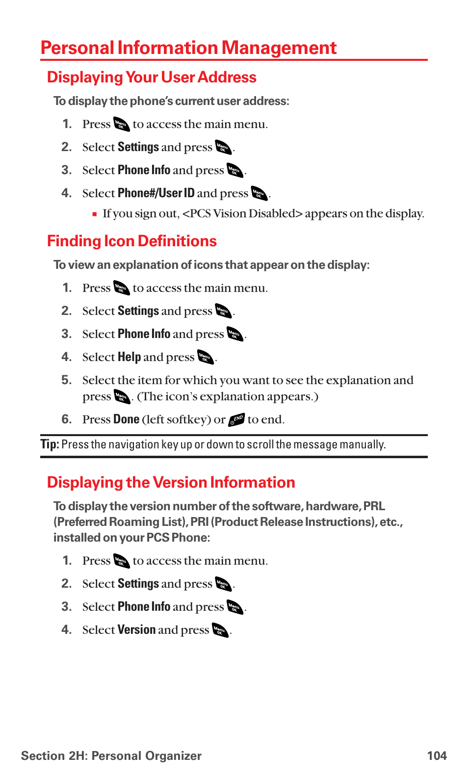 Personal information management, Displaying your user address, Finding icon definitions | Displaying the version information | Sanyo PCS VISION RL-4920 User Manual | Page 116 / 258