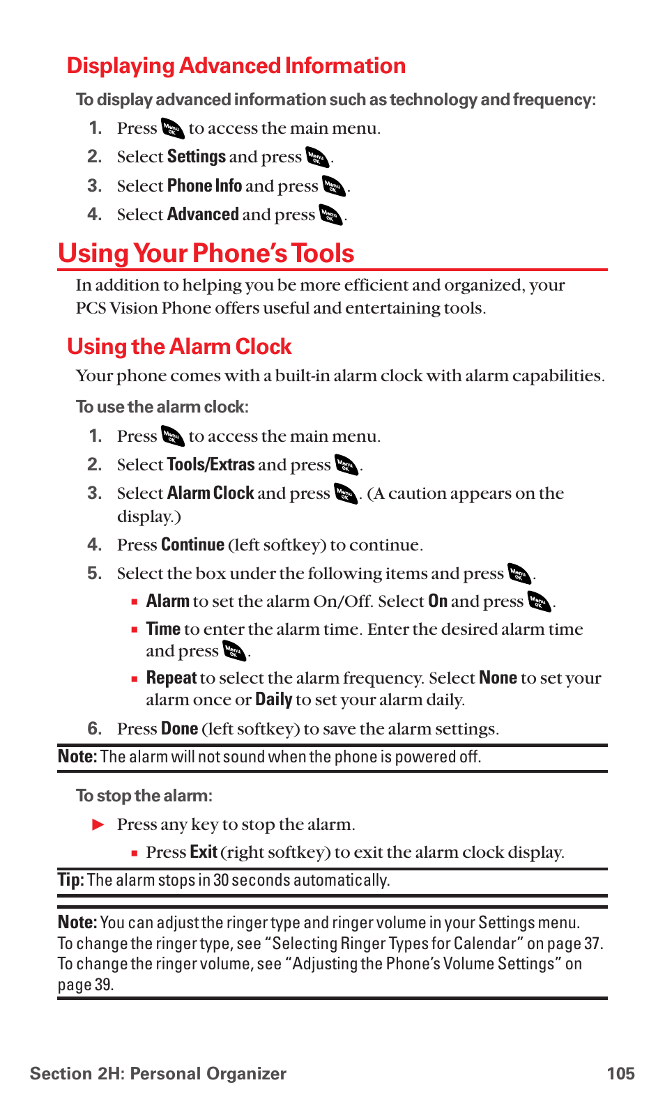 Displaying advanced information, Using your phone’s tools, Using the alarm clock | Sanyo PCS VISION RL-4920 User Manual | Page 117 / 258