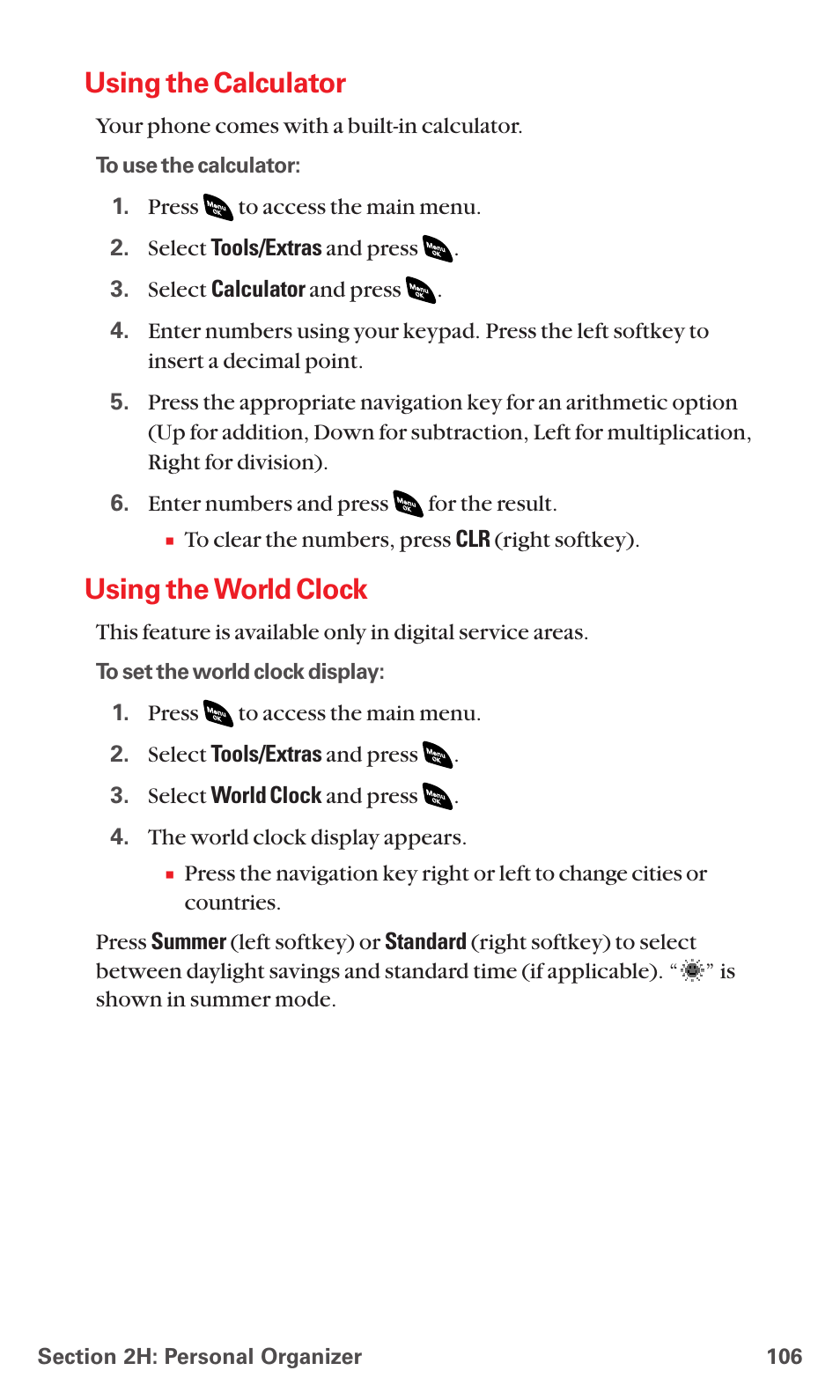 Using the calculator, Using the world clock | Sanyo PCS VISION RL-4920 User Manual | Page 118 / 258