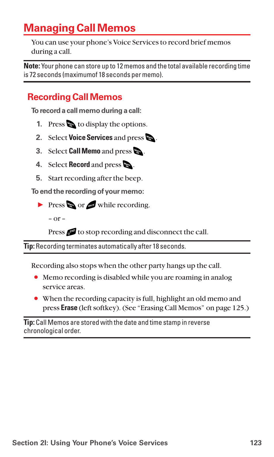 Managing call memos, Recording call memos | Sanyo PCS VISION RL-4920 User Manual | Page 135 / 258