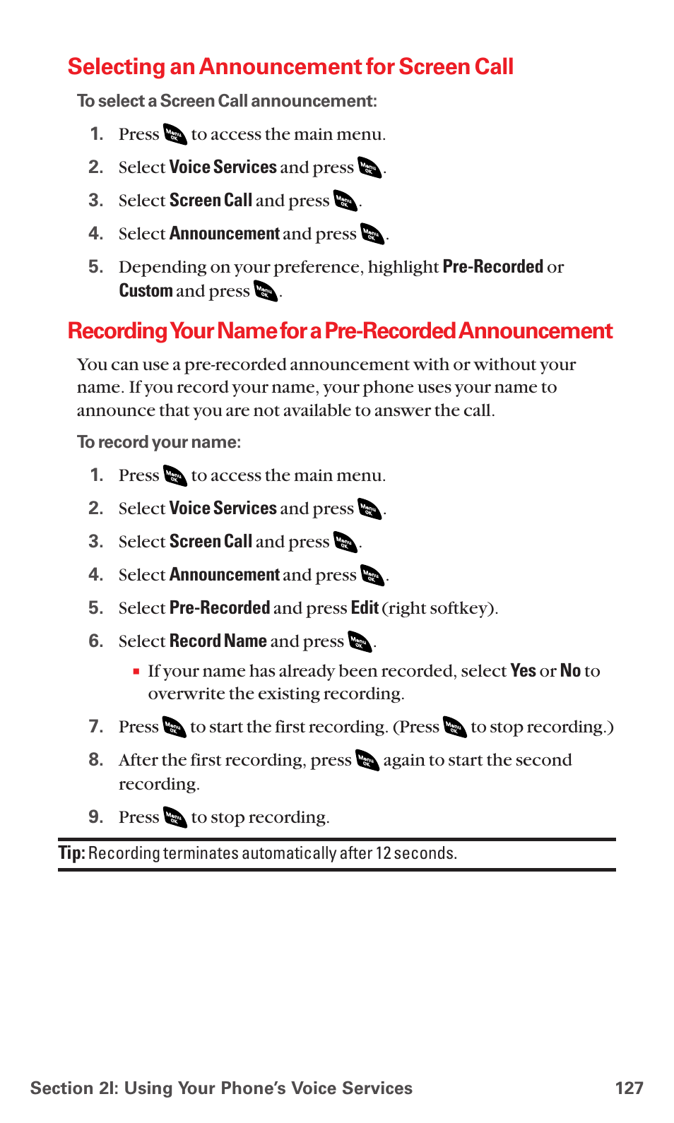 Selecting an announcement for screen call, Recordingyour name for a pre-recorded announcement | Sanyo PCS VISION RL-4920 User Manual | Page 139 / 258