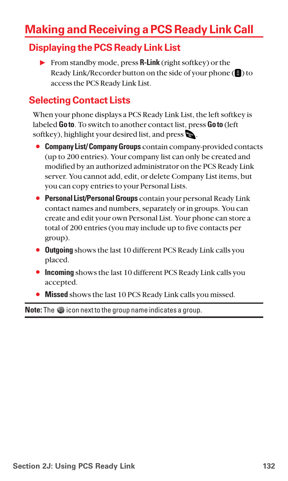 Making and receiving a pcs ready link call, Displaying the pcs ready link list, Selecting contact lists | Sanyo PCS VISION RL-4920 User Manual | Page 144 / 258