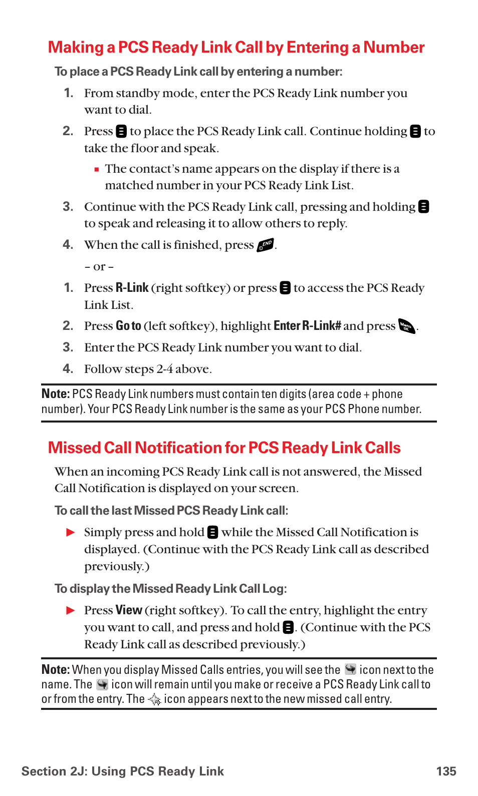 Making a pcs ready link call by entering a number, Missed call notification for pcs ready link calls | Sanyo PCS VISION RL-4920 User Manual | Page 147 / 258