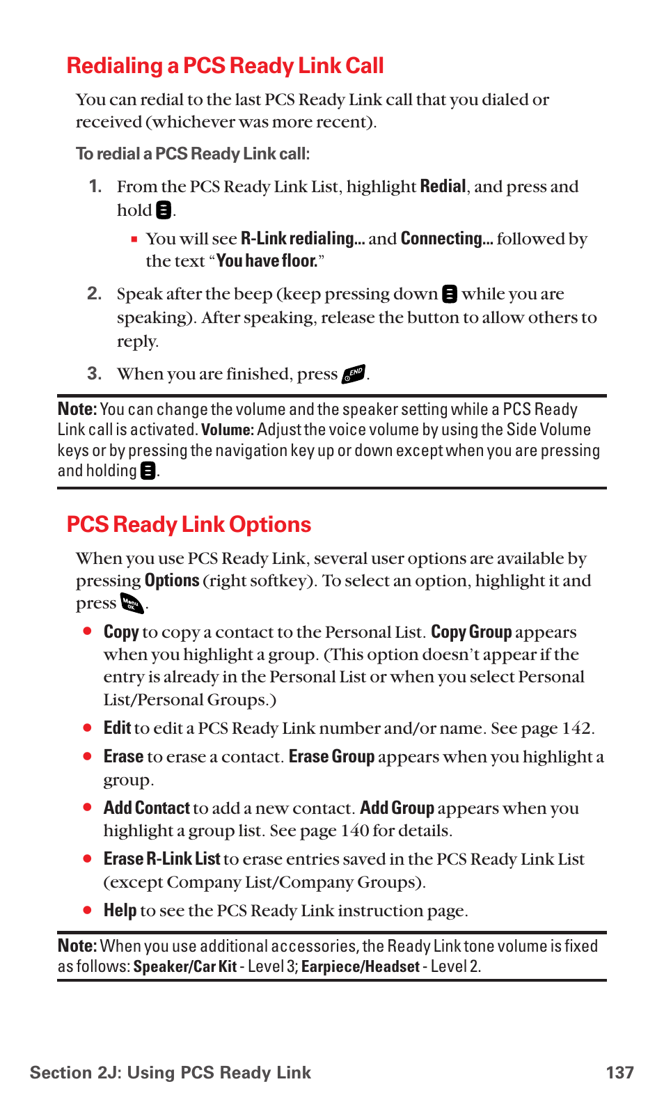 Redialing a pcs ready link call, Pcs ready link options | Sanyo PCS VISION RL-4920 User Manual | Page 149 / 258