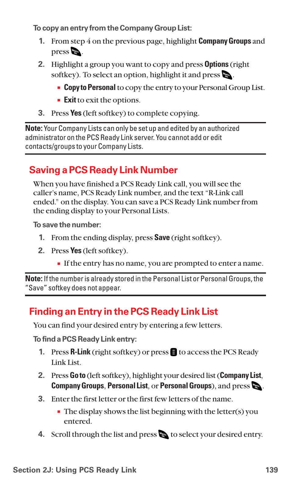 Saving a pcs ready link number, Finding an entry in the pcs ready link list | Sanyo PCS VISION RL-4920 User Manual | Page 151 / 258