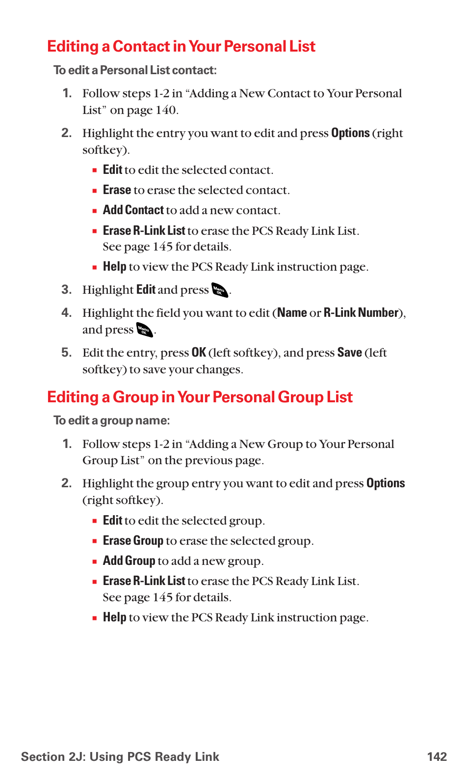 Editing a contact in your personal list, Editing a group in your personal group list | Sanyo PCS VISION RL-4920 User Manual | Page 154 / 258