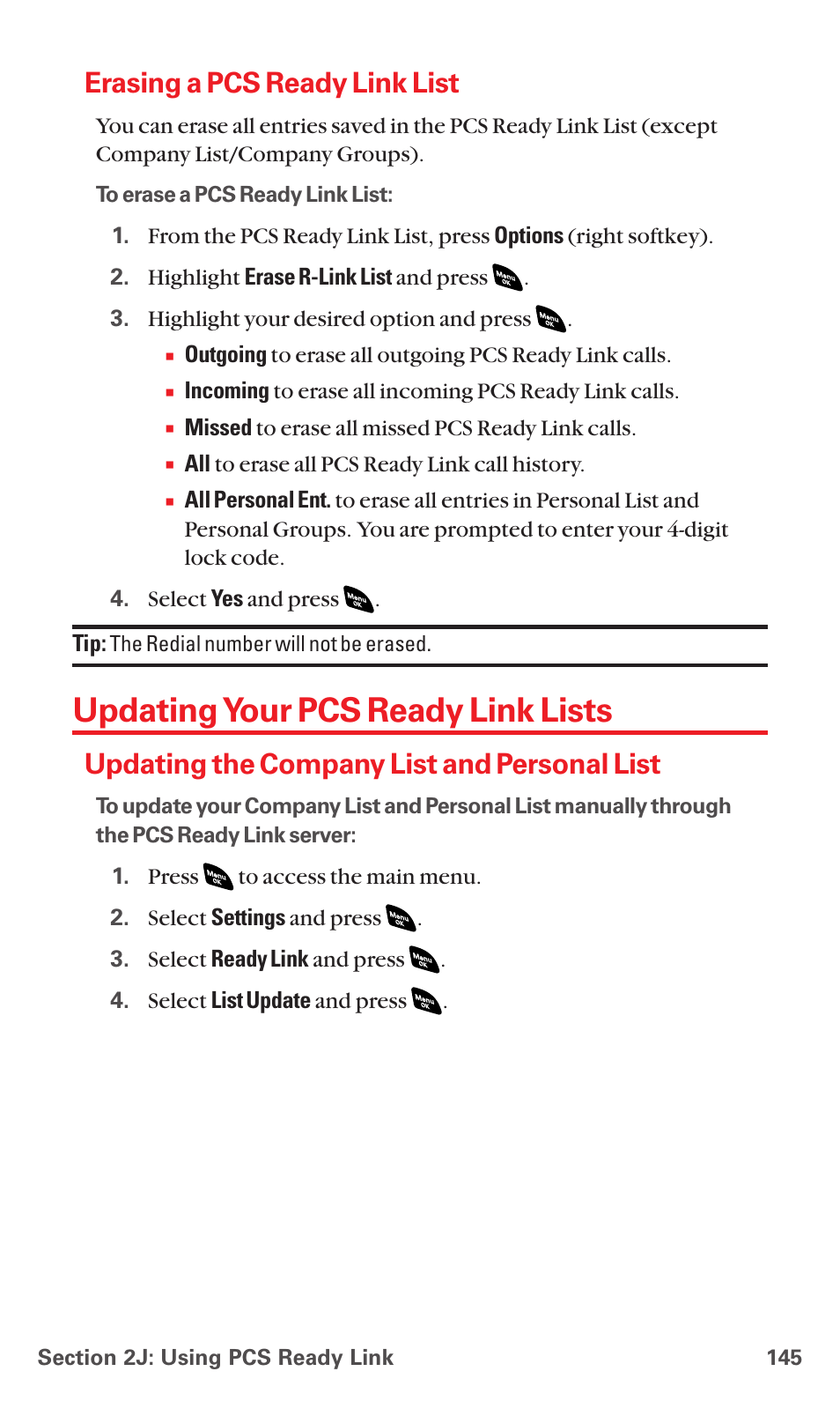 Erasing a pcs ready link list, Updating your pcs ready link lists, Updating the company list and personal list | Sanyo PCS VISION RL-4920 User Manual | Page 157 / 258