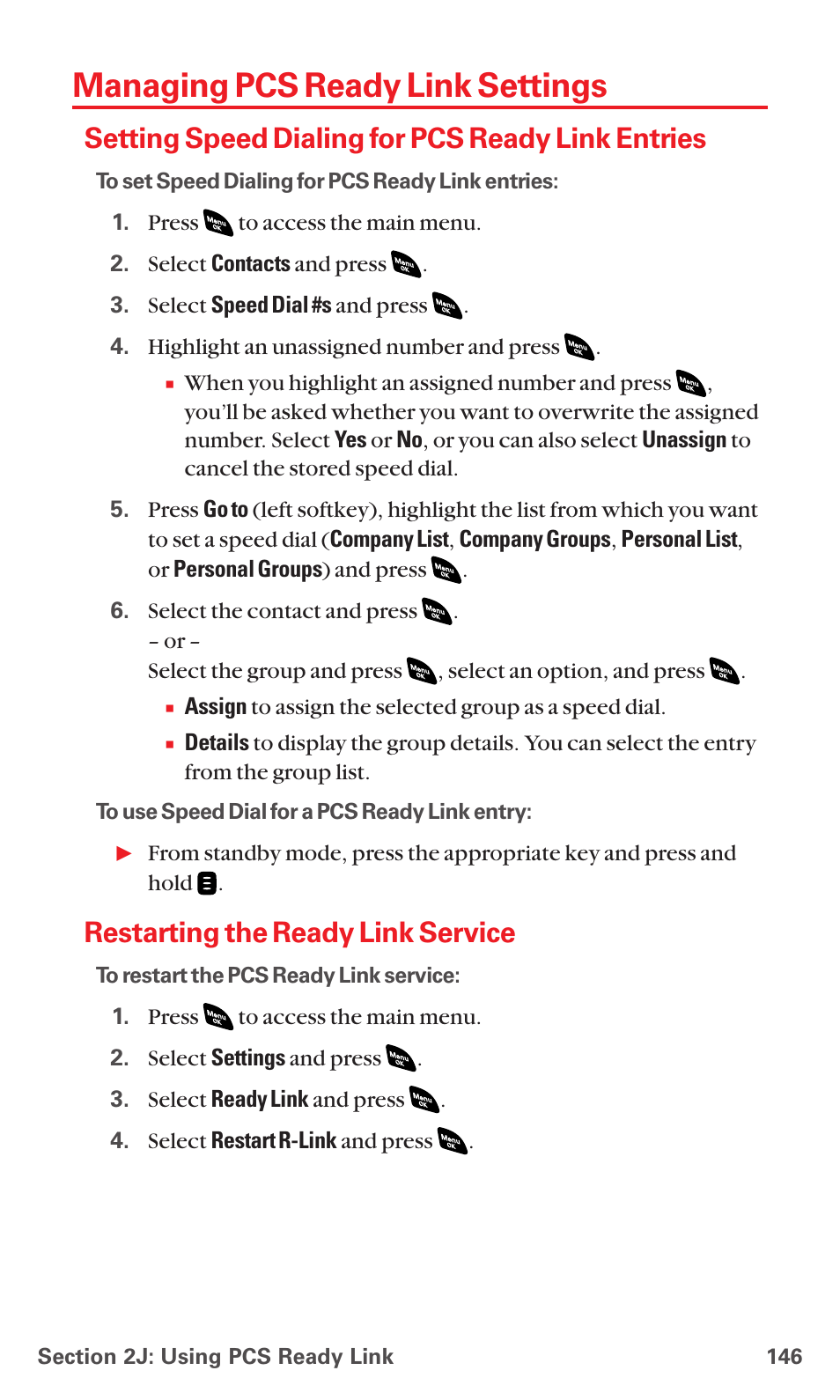 Managing pcs ready link settings, Setting speed dialing for pcs ready link entries, Restarting the ready link service | Sanyo PCS VISION RL-4920 User Manual | Page 158 / 258