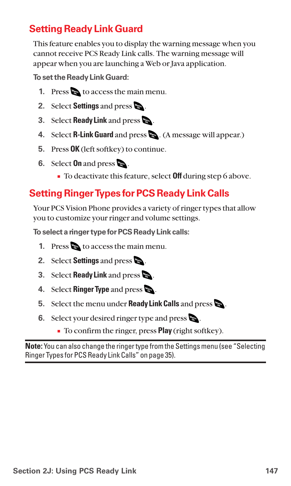 Setting ready link guard, Setting ringer types for pcs ready link calls | Sanyo PCS VISION RL-4920 User Manual | Page 159 / 258