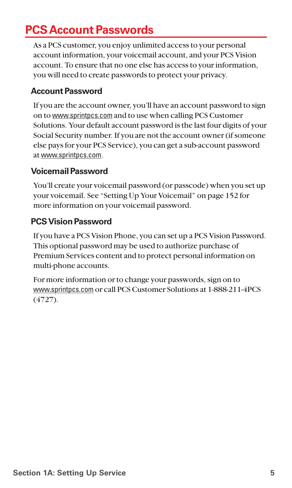 Pcs account passwords | Sanyo PCS VISION RL-4920 User Manual | Page 17 / 258