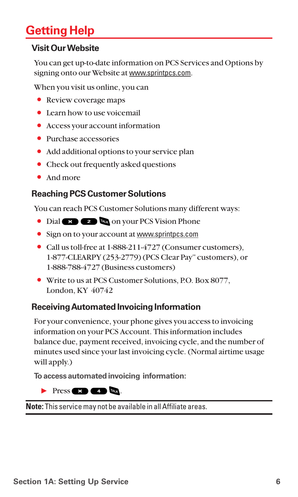 Getting help, Visit our website, Reaching pcs customer solutions | Receiving automated invoicing information | Sanyo PCS VISION RL-4920 User Manual | Page 18 / 258