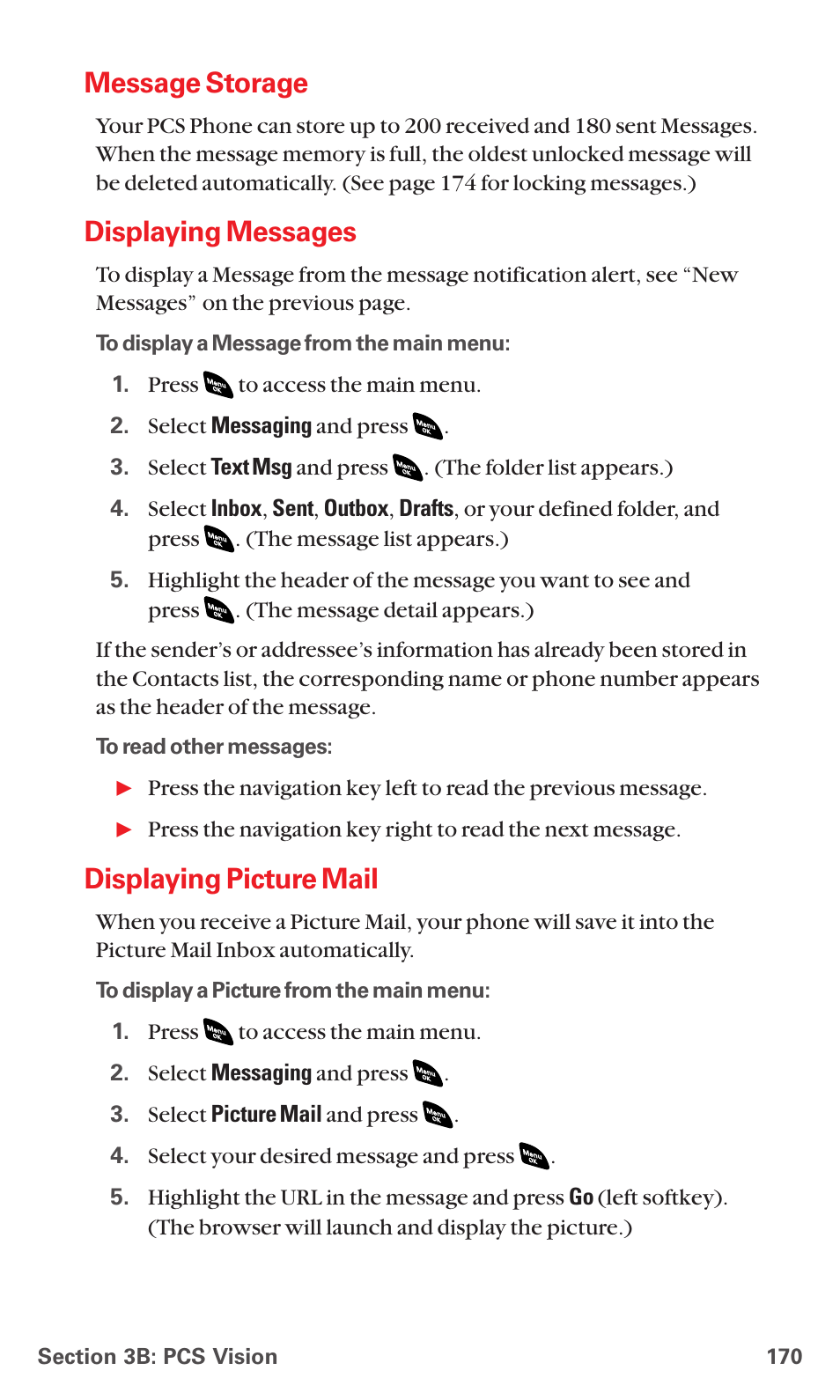 Message storage, Displaying messages, Displaying picture mail | Sanyo PCS VISION RL-4920 User Manual | Page 182 / 258
