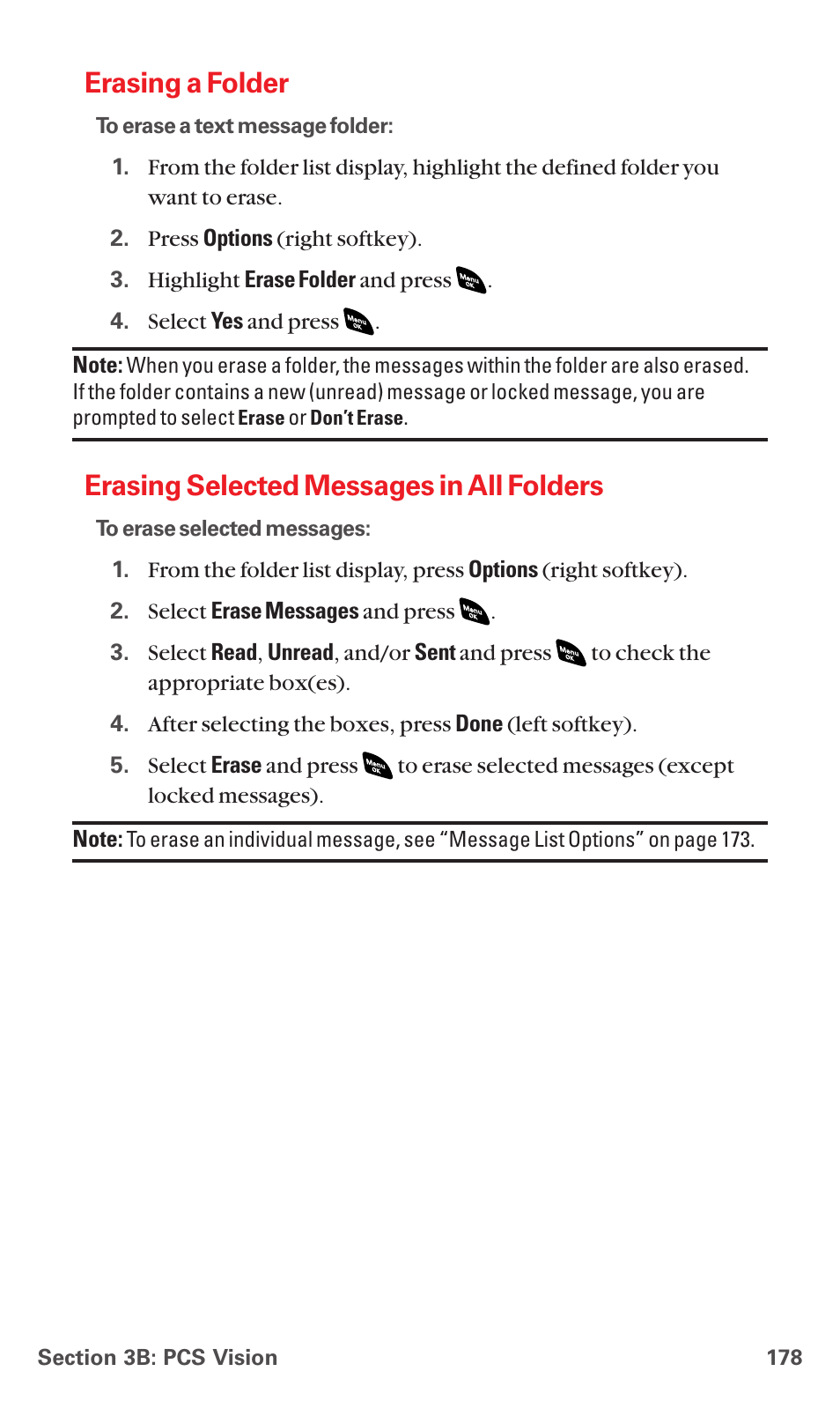 Erasing a folder, Erasing selected messages in all folders | Sanyo PCS VISION RL-4920 User Manual | Page 190 / 258