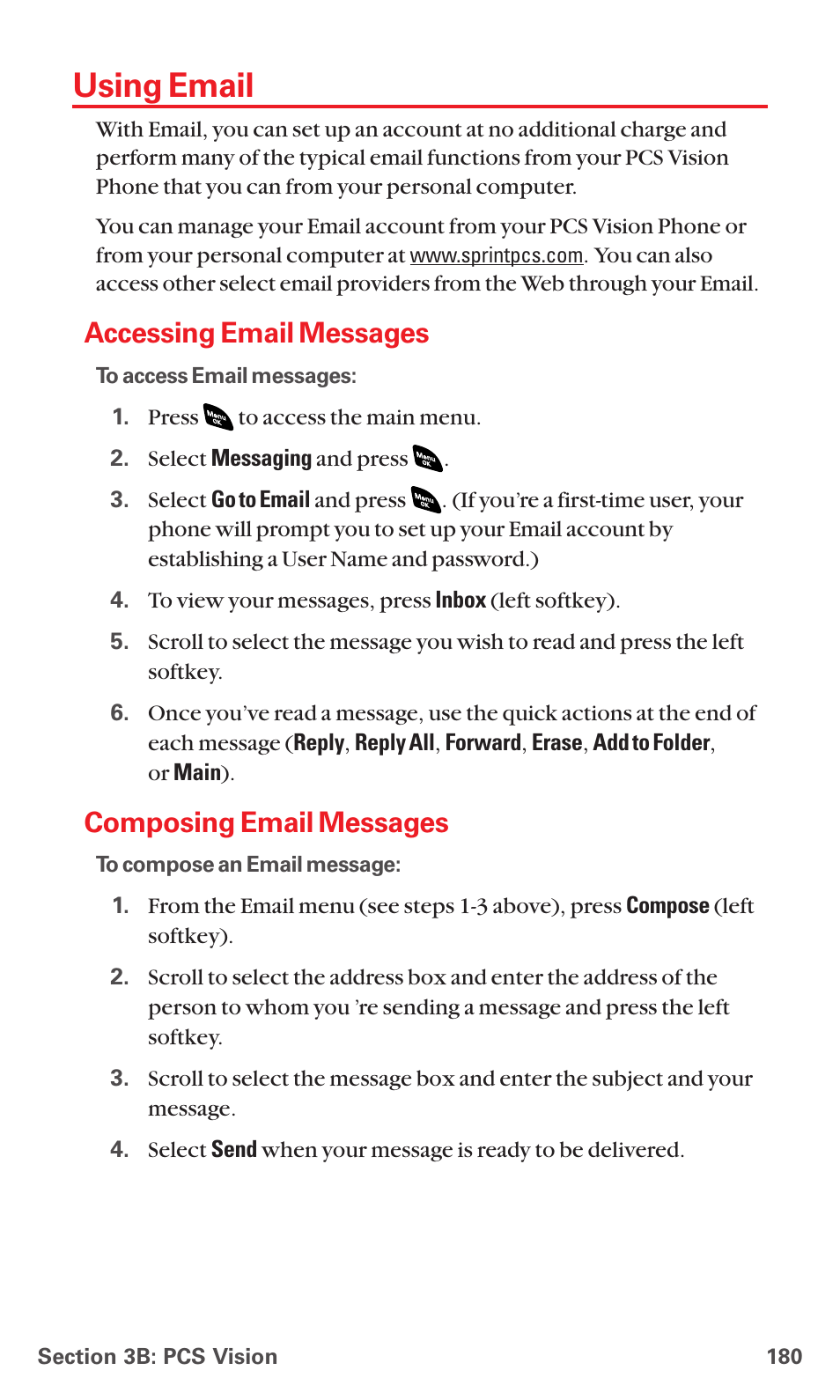 Using email, Accessing email messages, Composing email messages | Sanyo PCS VISION RL-4920 User Manual | Page 192 / 258