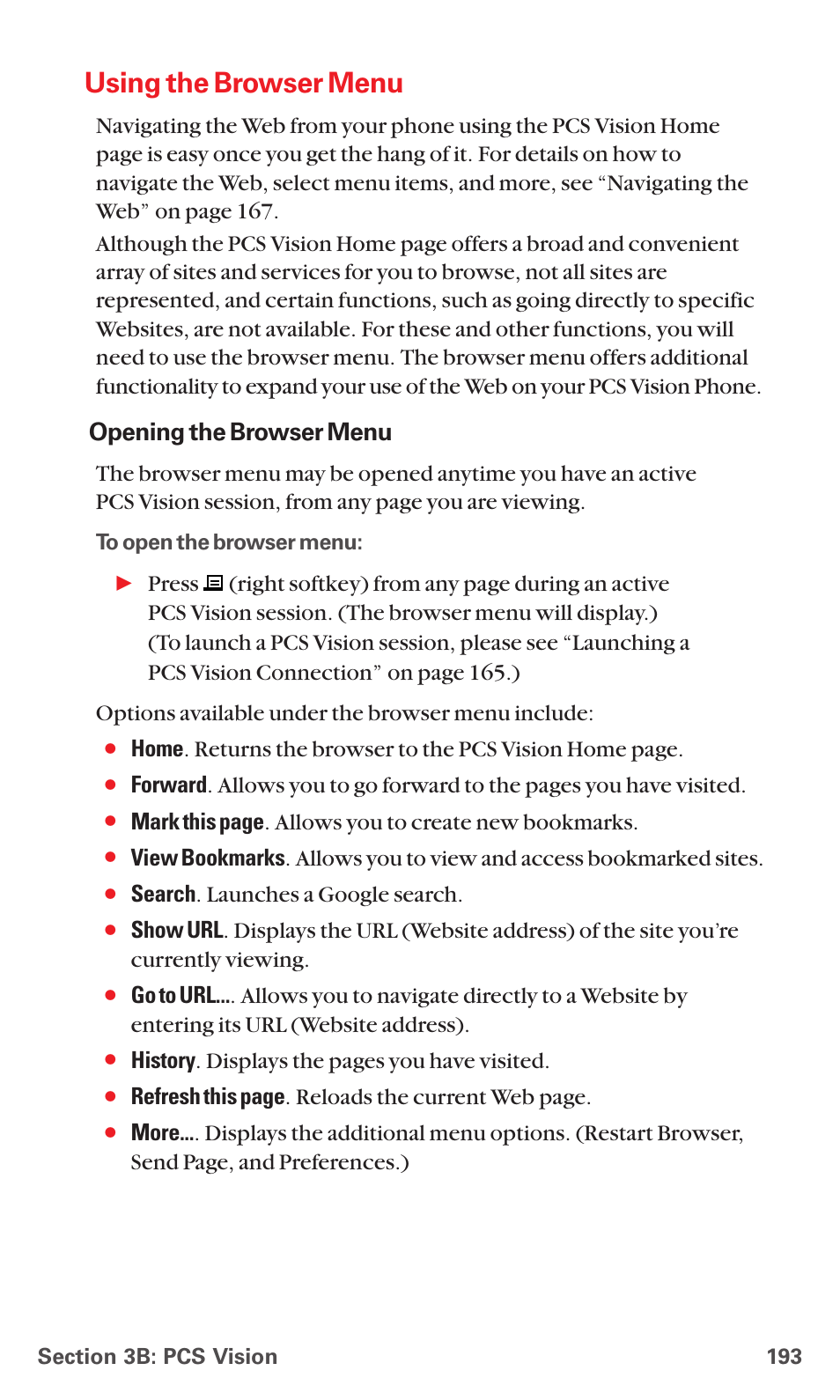 Using the browser menu, Opening the browser menu, Search . launches a google search | History . displays the pages you have visited, Refresh this page . reloads the current web page | Sanyo PCS VISION RL-4920 User Manual | Page 205 / 258