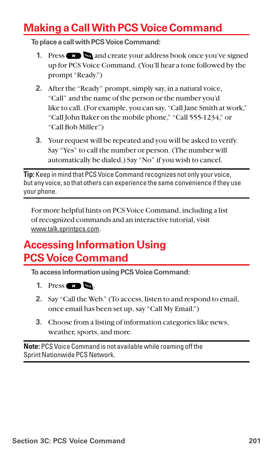 Making a call with pcs voice command, Accessing information using pcs voice command | Sanyo PCS VISION RL-4920 User Manual | Page 213 / 258