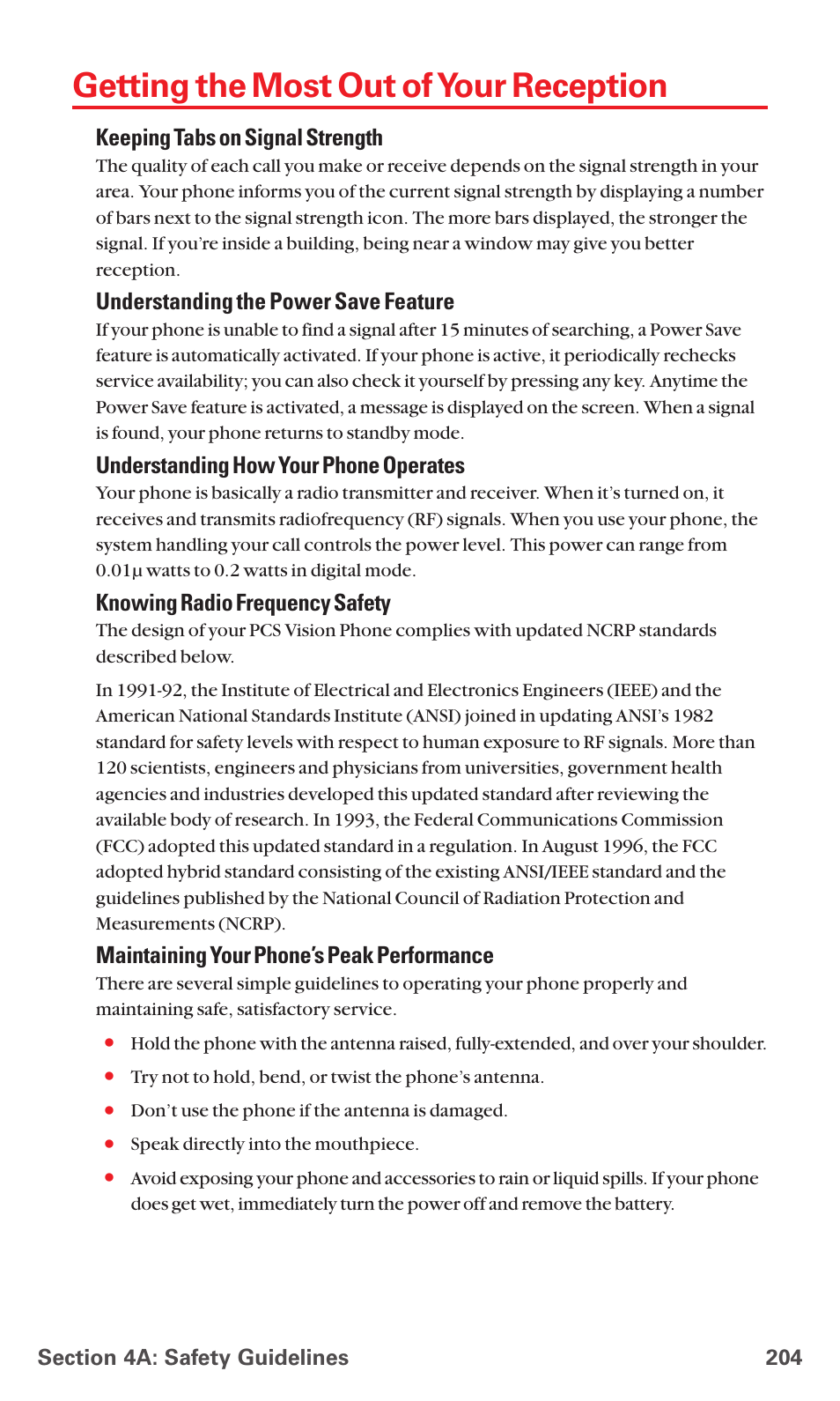 Getting the most out of your reception, Keeping tabs on signal strength, Understanding the power save feature | Understanding how your phone operates, Knowing radio frequency safety, Maintaining your phone’s peak performance | Sanyo PCS VISION RL-4920 User Manual | Page 216 / 258