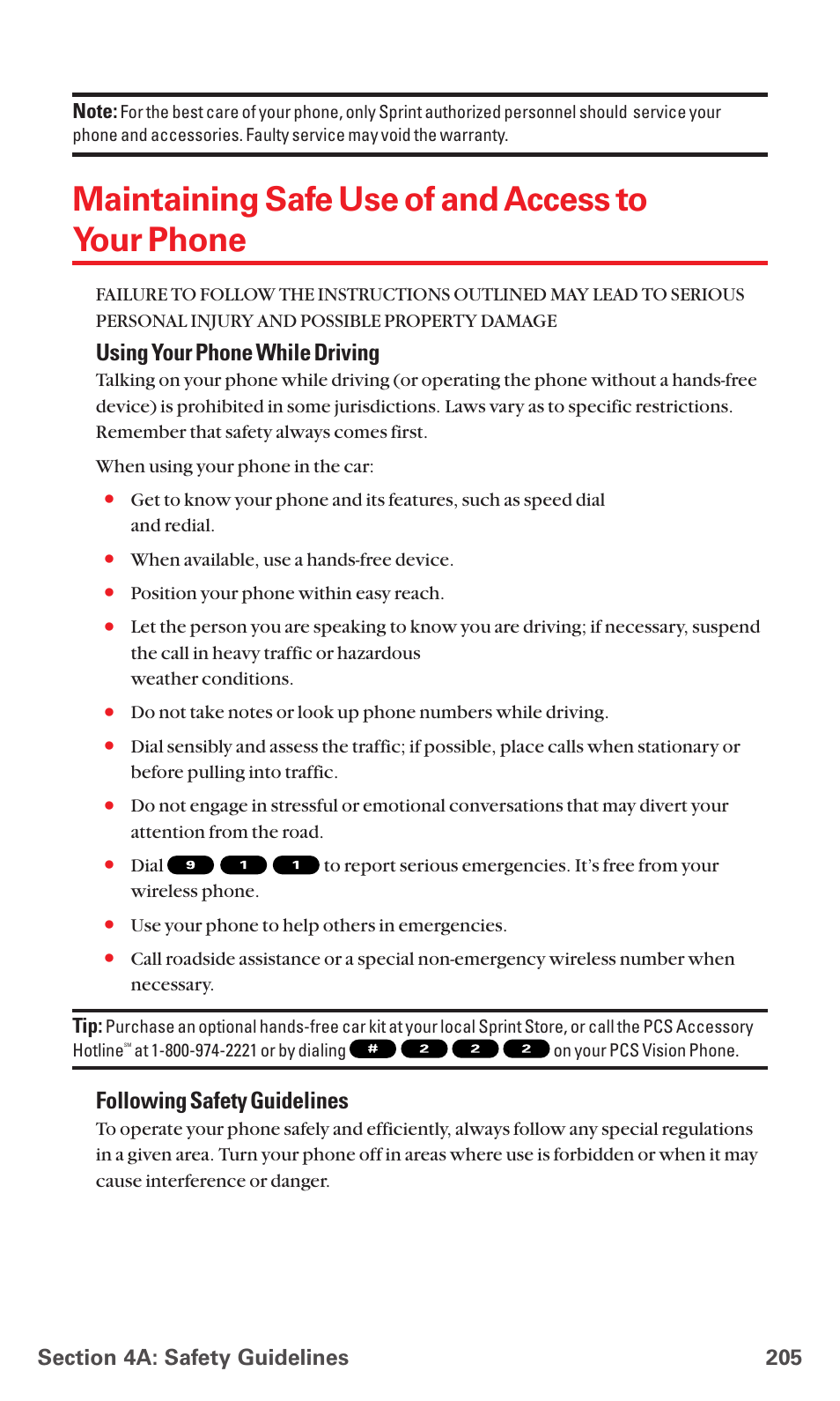 Maintaining safe use of and access to your phone, Using your phone while driving, Following safety guidelines | Sanyo PCS VISION RL-4920 User Manual | Page 217 / 258